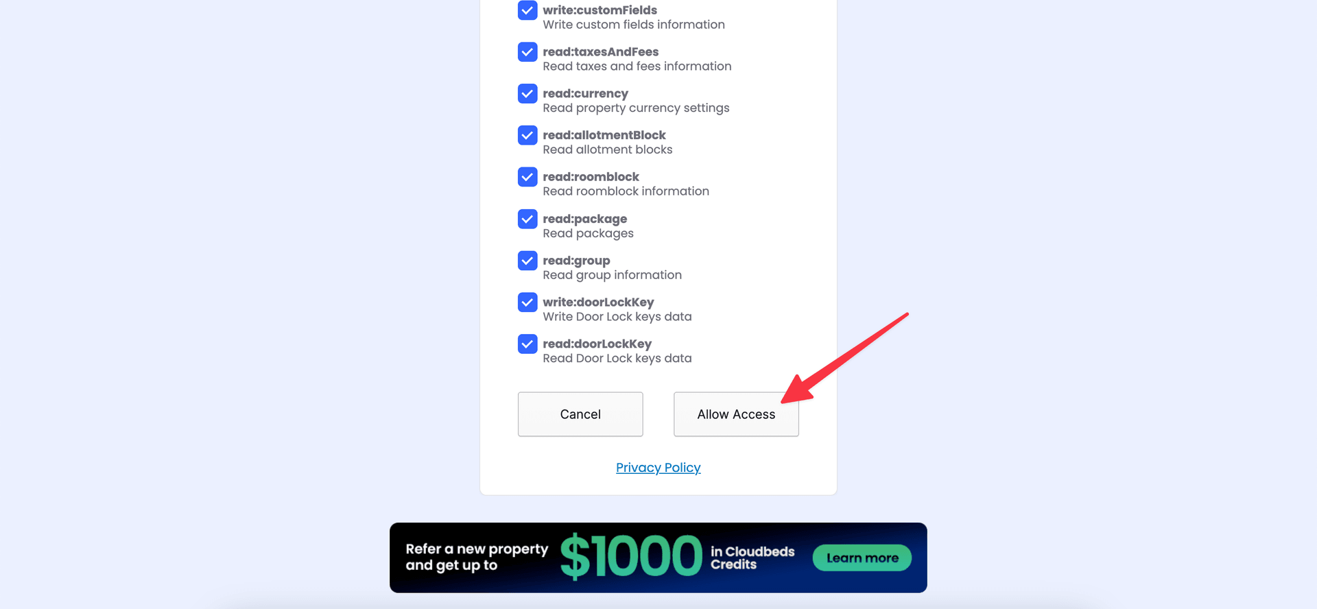Allow access for the list of necessary permissions