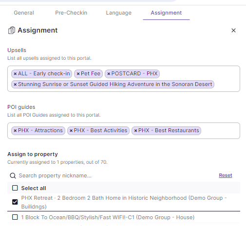 Portal assignment settings showing upsells and POI guides