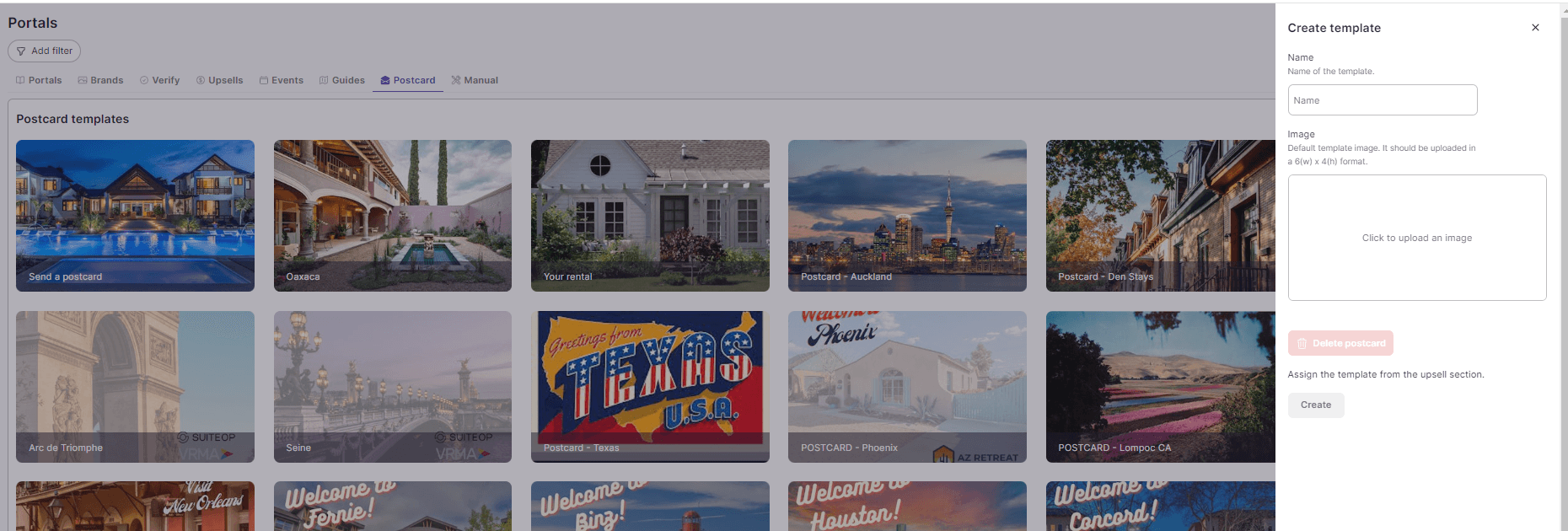 Upload the image for your postcard template. Then, click on the "create" button