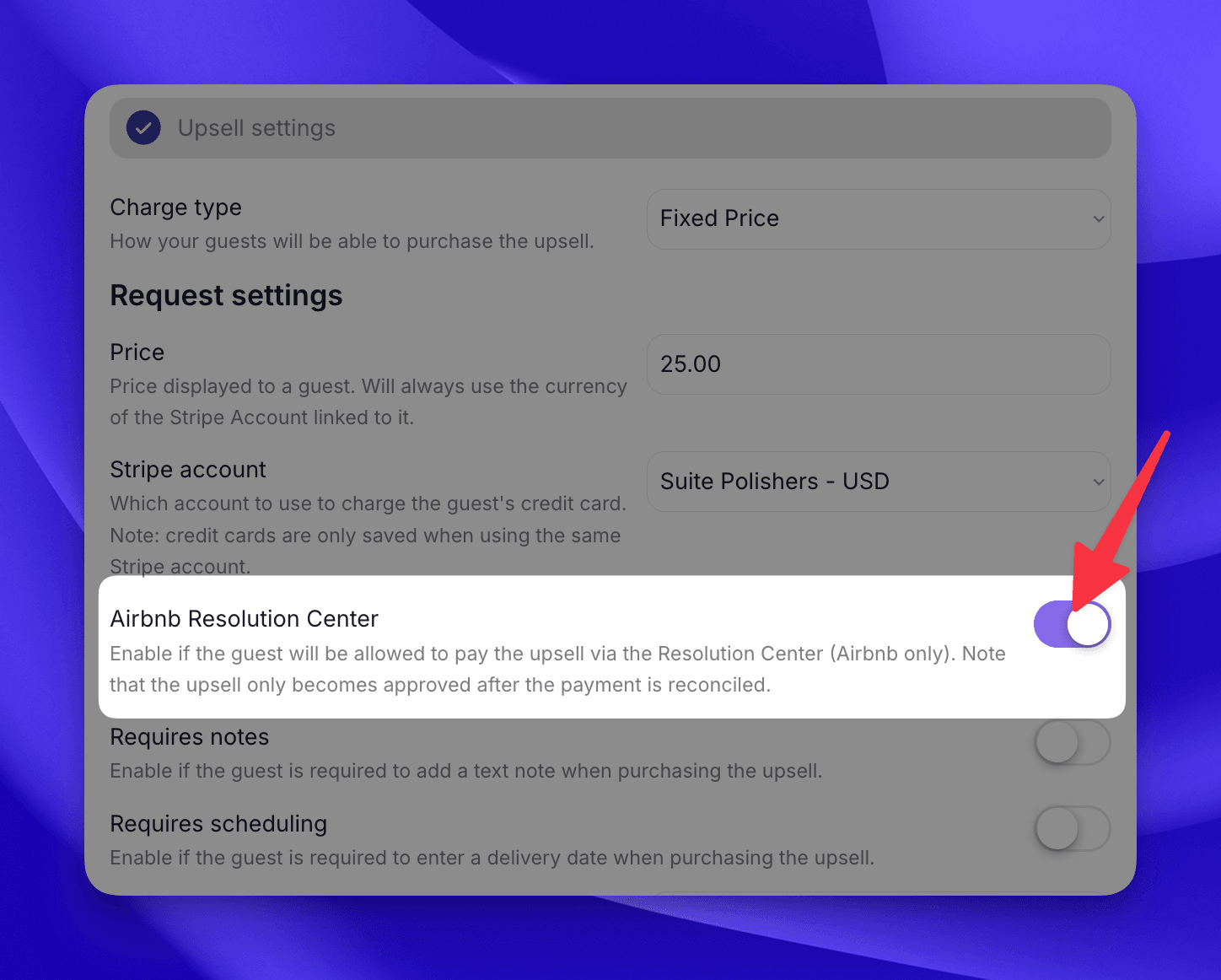 The Resolution Center payment option is set for each Upsell