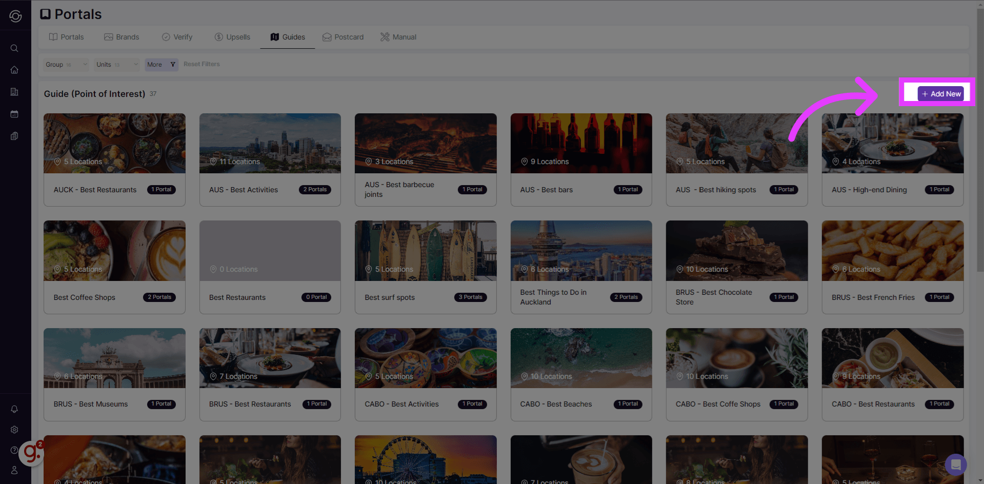 Add New button on the Guides page