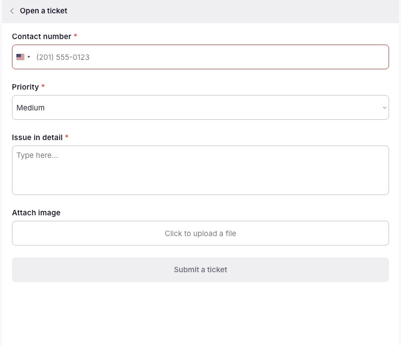 Guests can also open a support ticket by providing their contact number