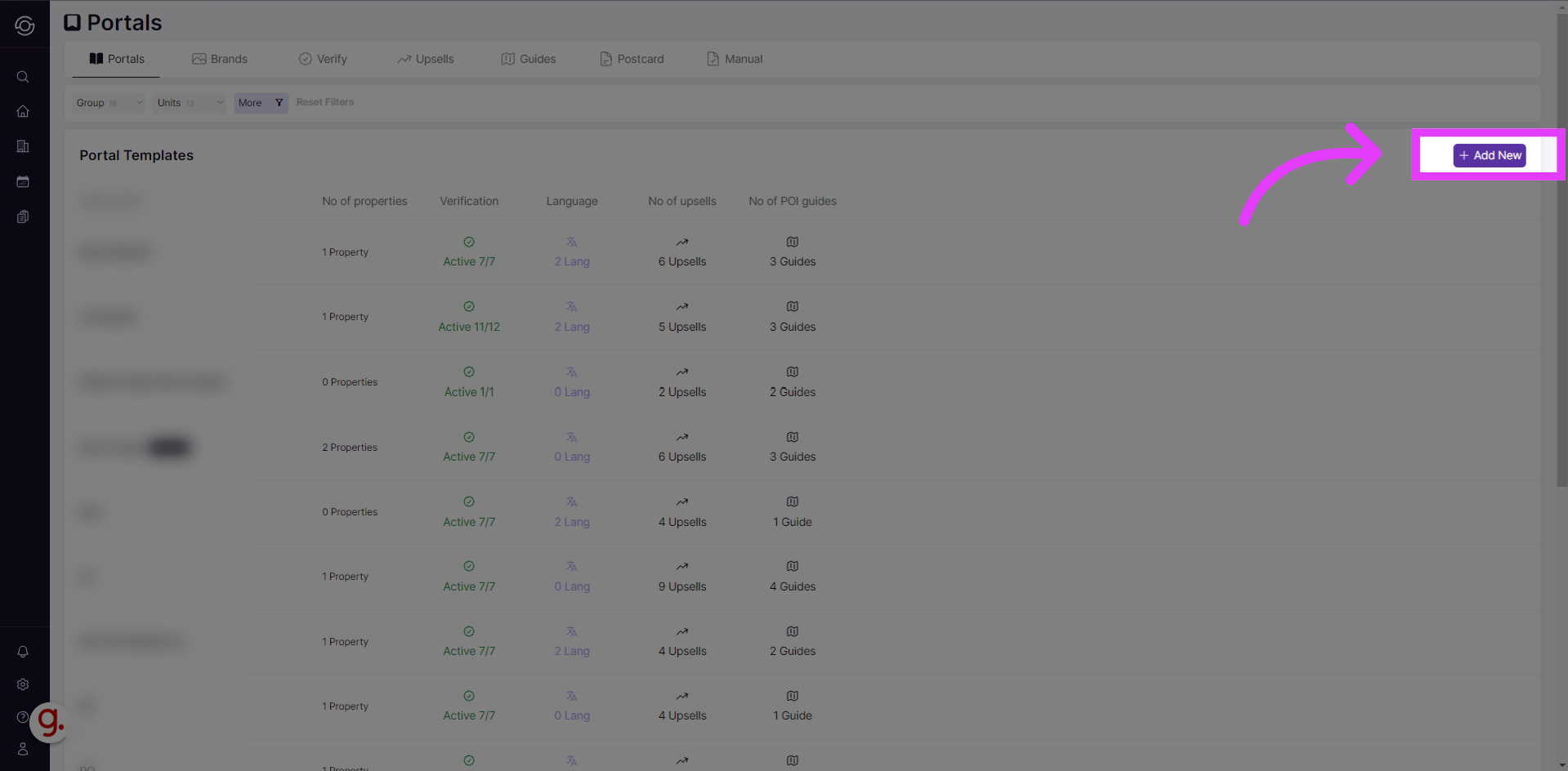 Add New button on the Portals tab