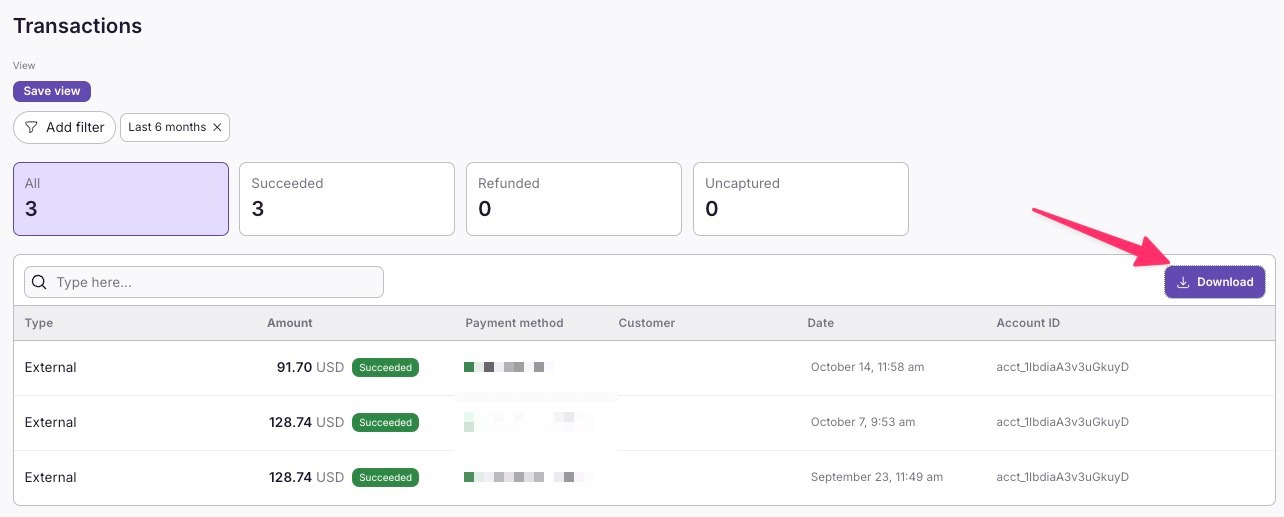 Transactions page with date and property filters