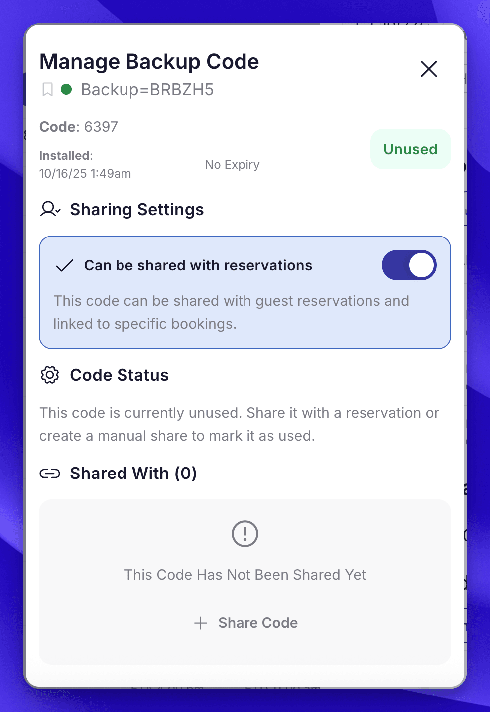 You can toggle shareability for any code in the Manage Backup Code menu