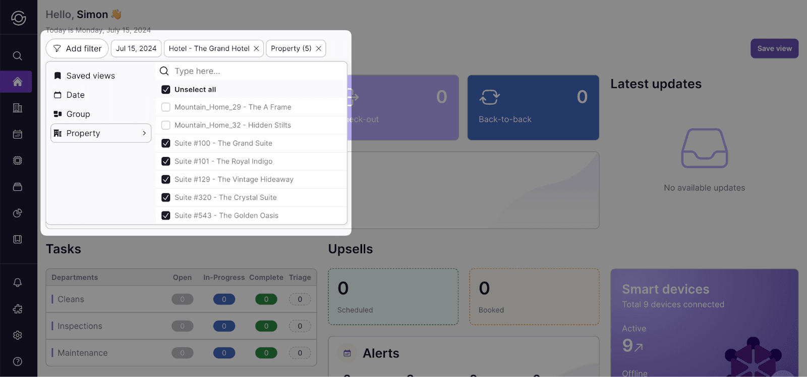 Filter selection dropdown with date and property options