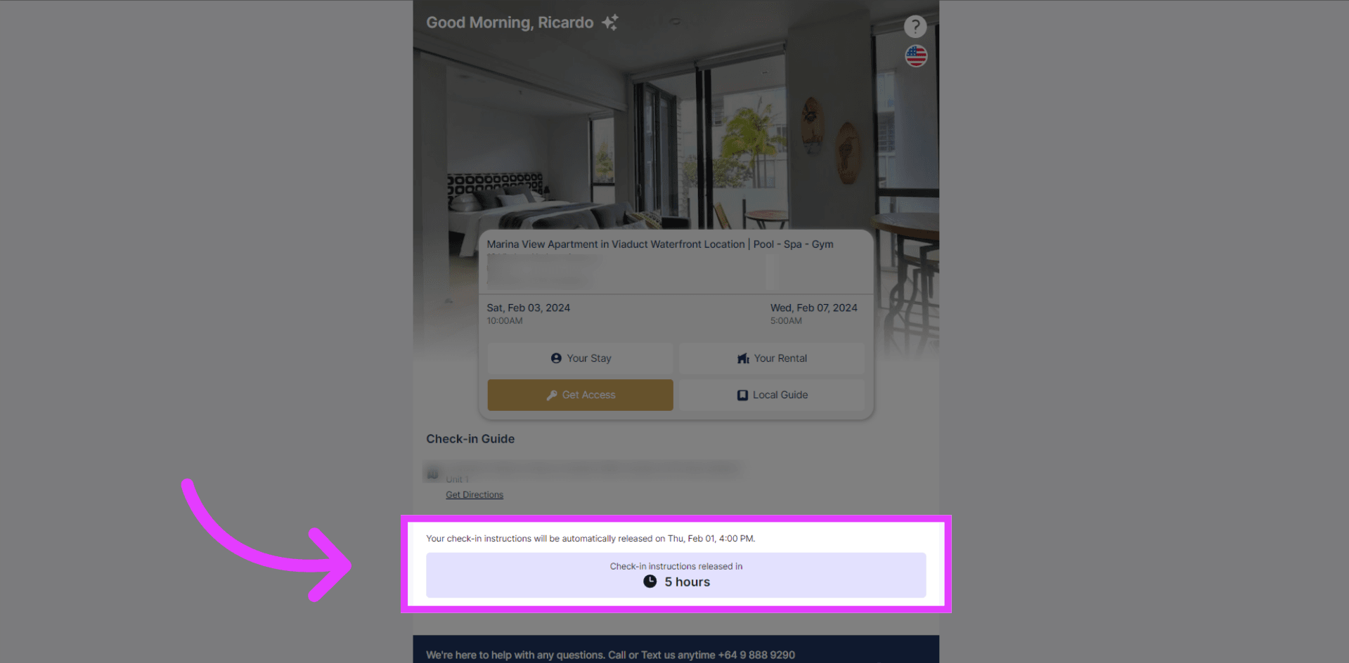 Timer for the check-in instructions will show on the guest portal