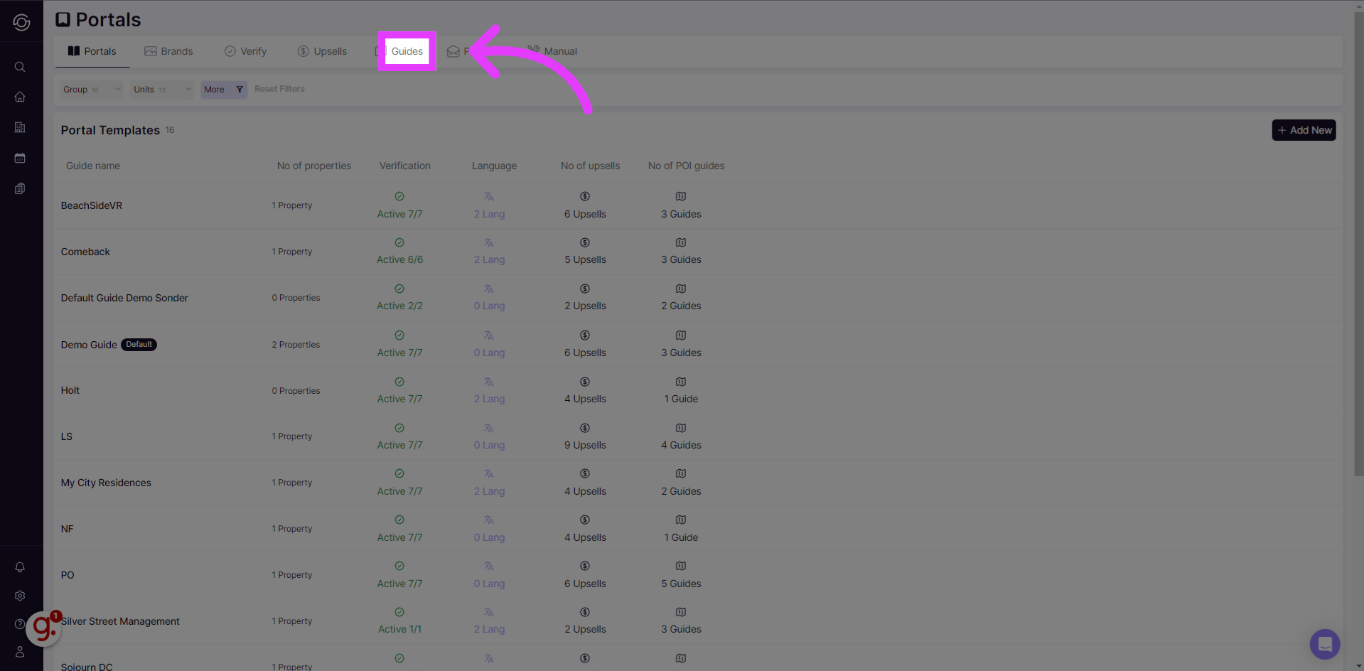 Guides tab on the Portals page