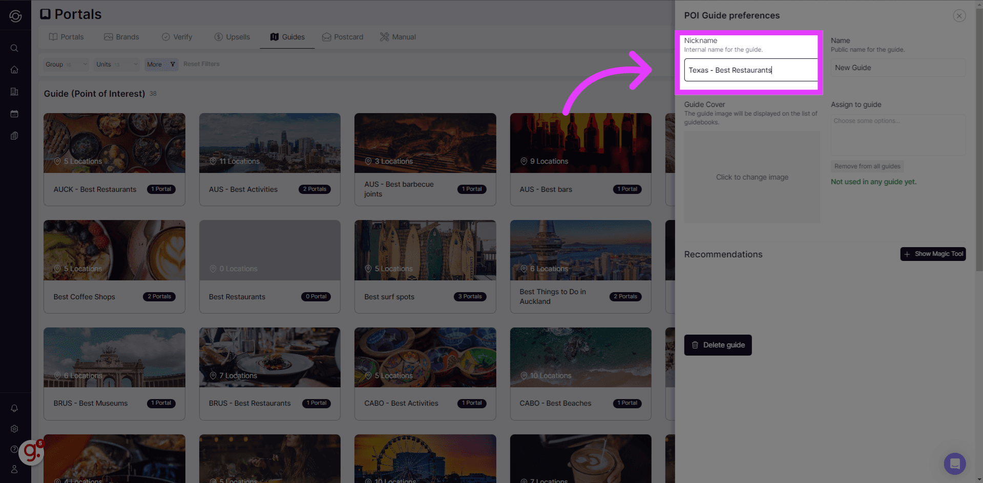 Nickname input field for the guide