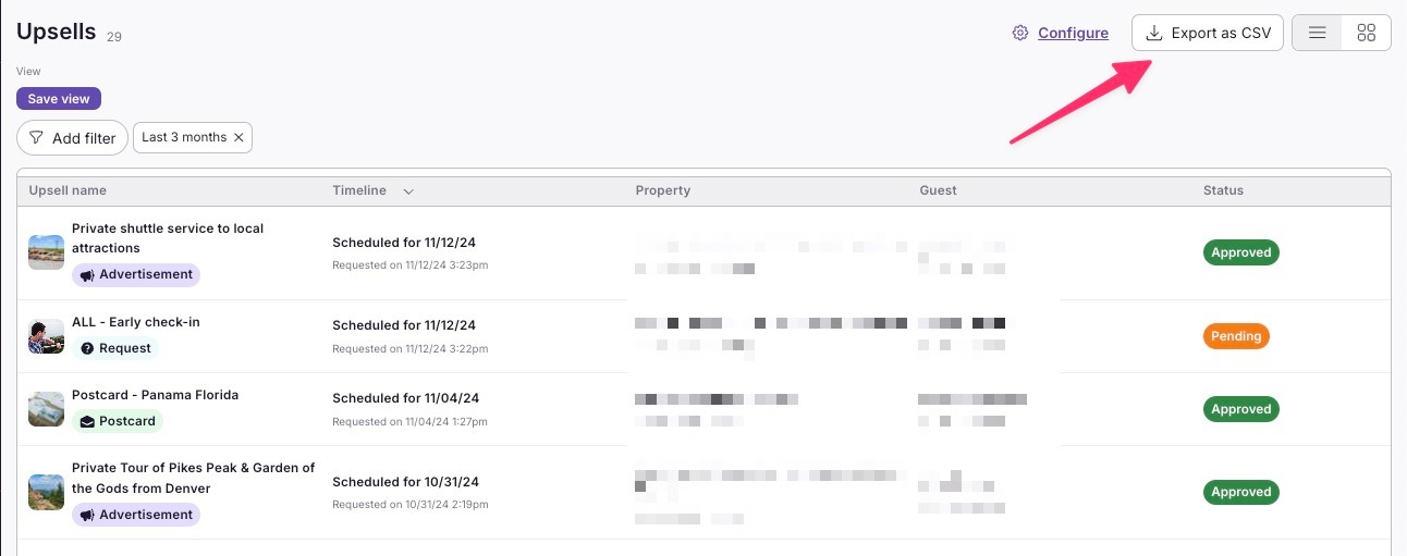 Export as CSV button on the Upsells page