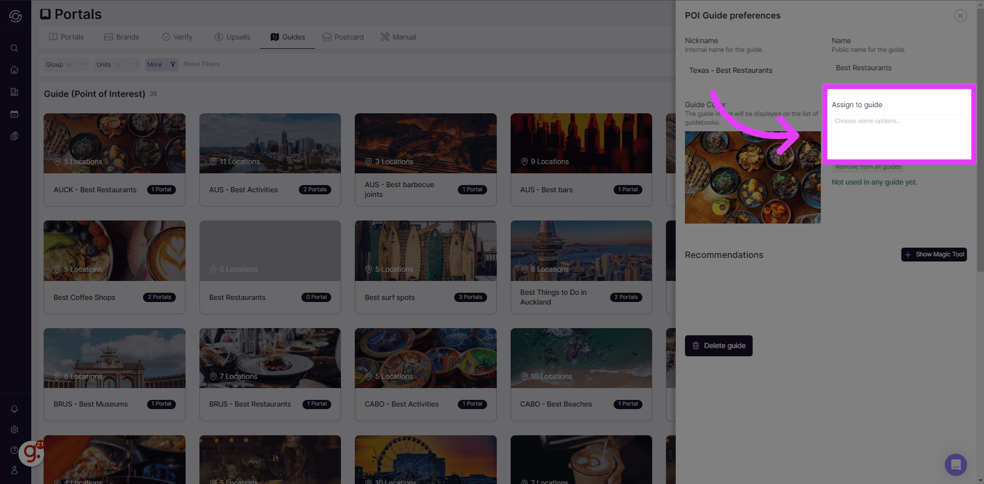 Property assignment dropdown for the guide