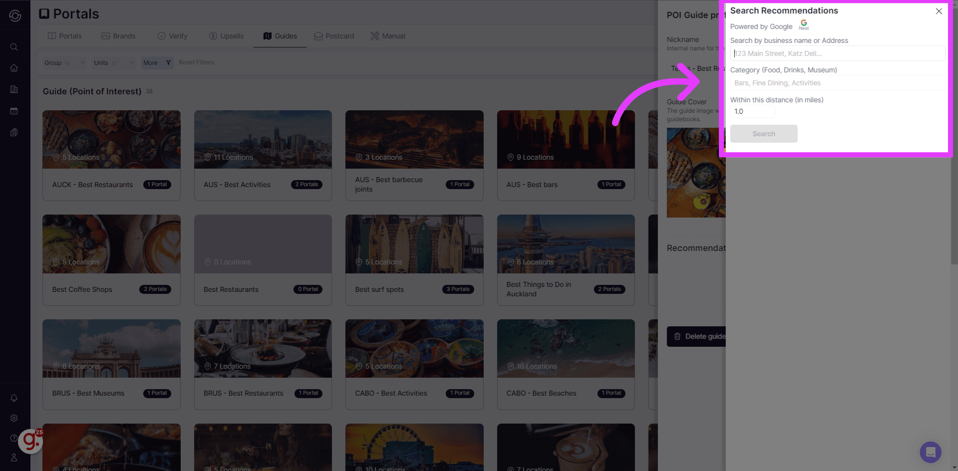 Address and category input fields for Google search