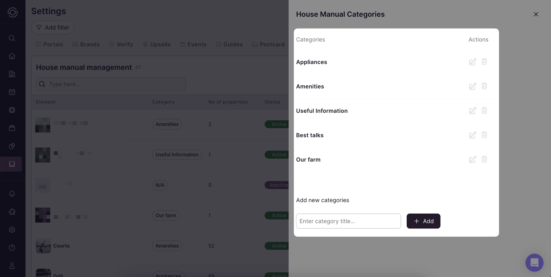 House manual categories displayed in the guest portal