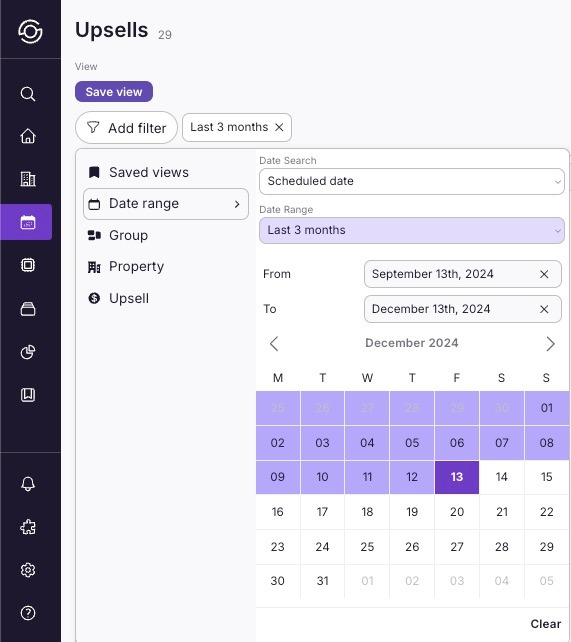 Date and property filter options on the Upsells page
