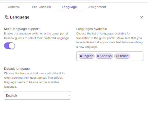 Language configuration settings in the portal template