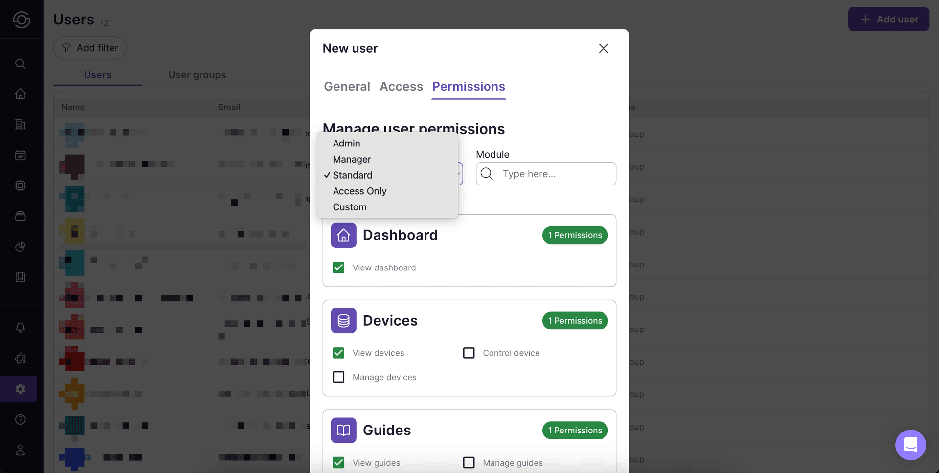 In the Permissions tab select the user's role