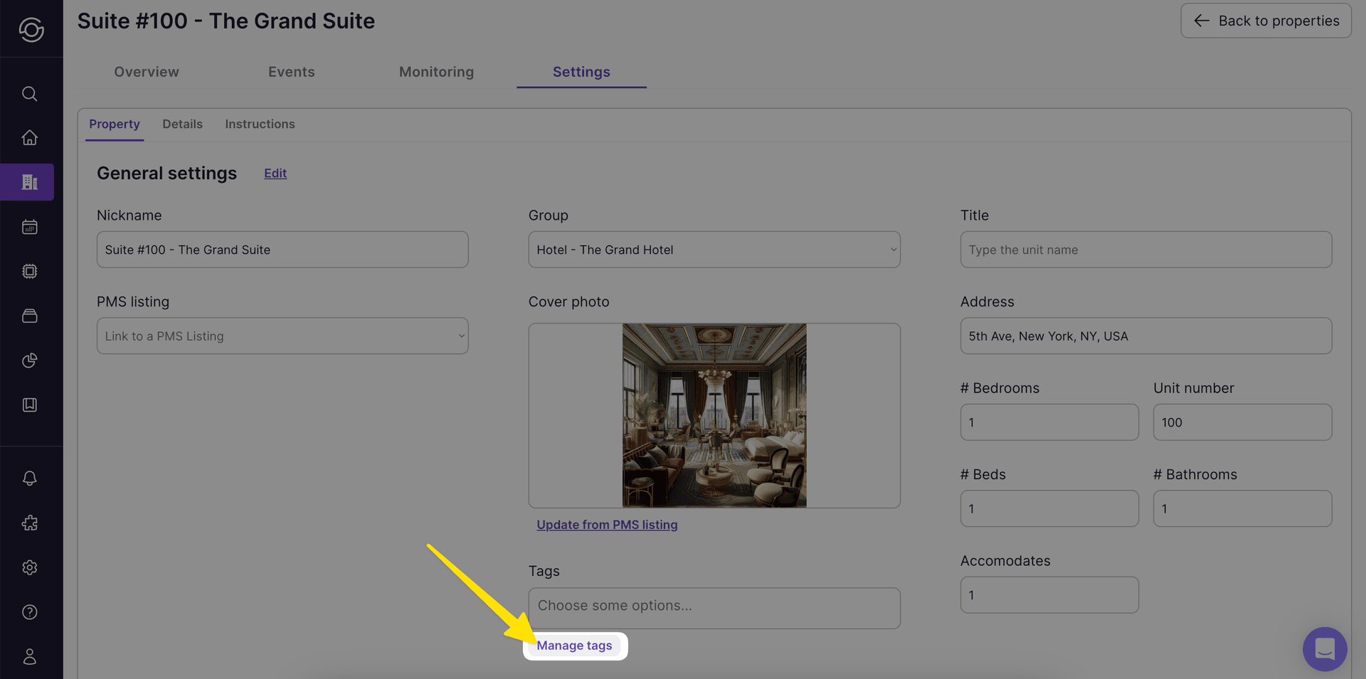 3. From the Property Settings select Manage tags