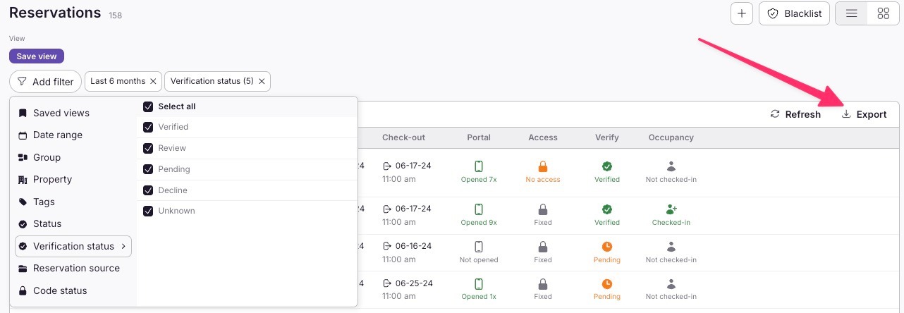 Reservations list with Export button for verification data