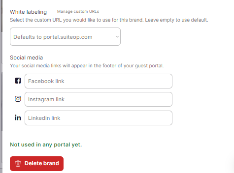 Social media links and URL settings for the brand