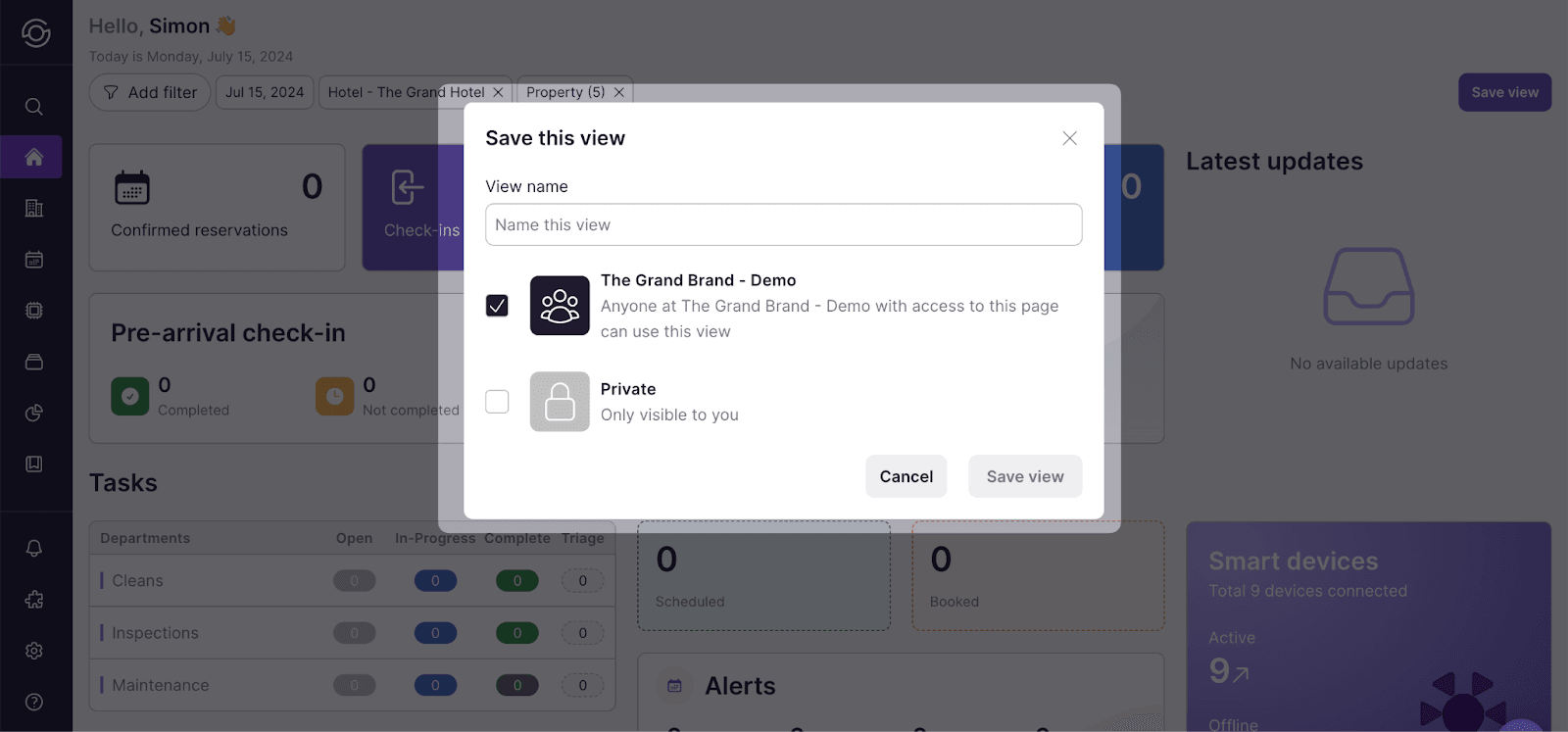Save view dialog with name field and organization toggle