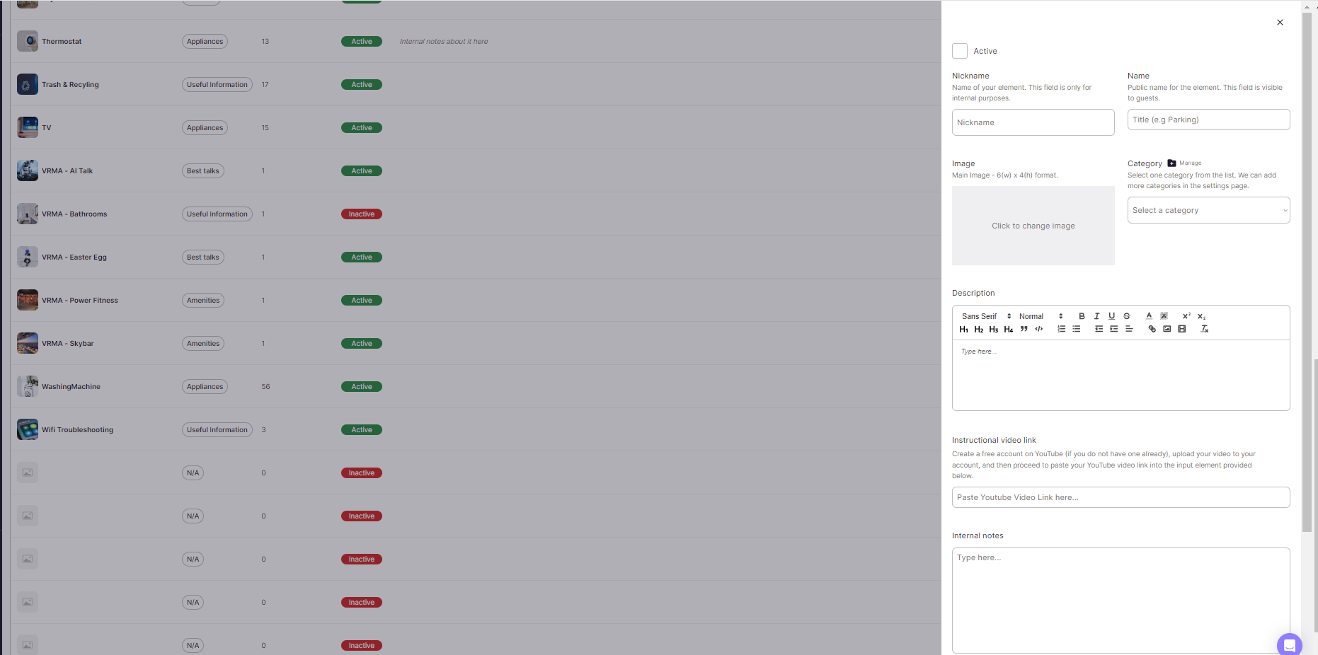 Manual edit page with fields for name, category, description, and video link