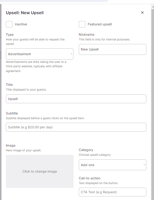 Select your upsell category from the drop-down menu and enter the text for th