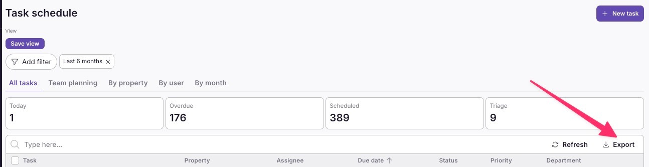 Tasks Schedule page with Export option