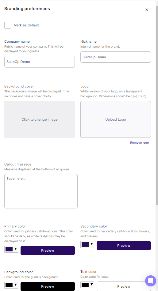Brand configuration form with name, logo, and color settings