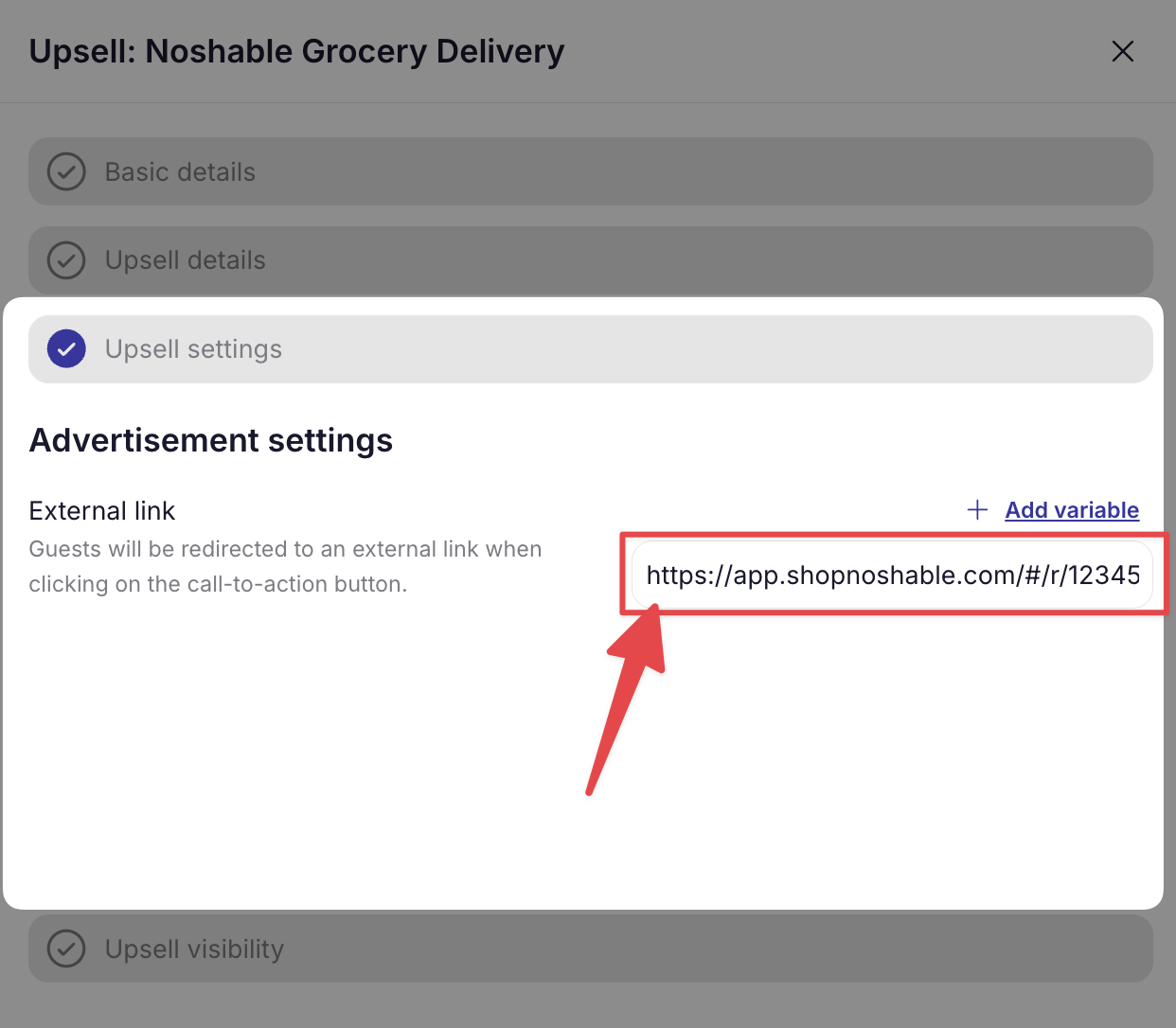 Noshable order link with reservation code variable