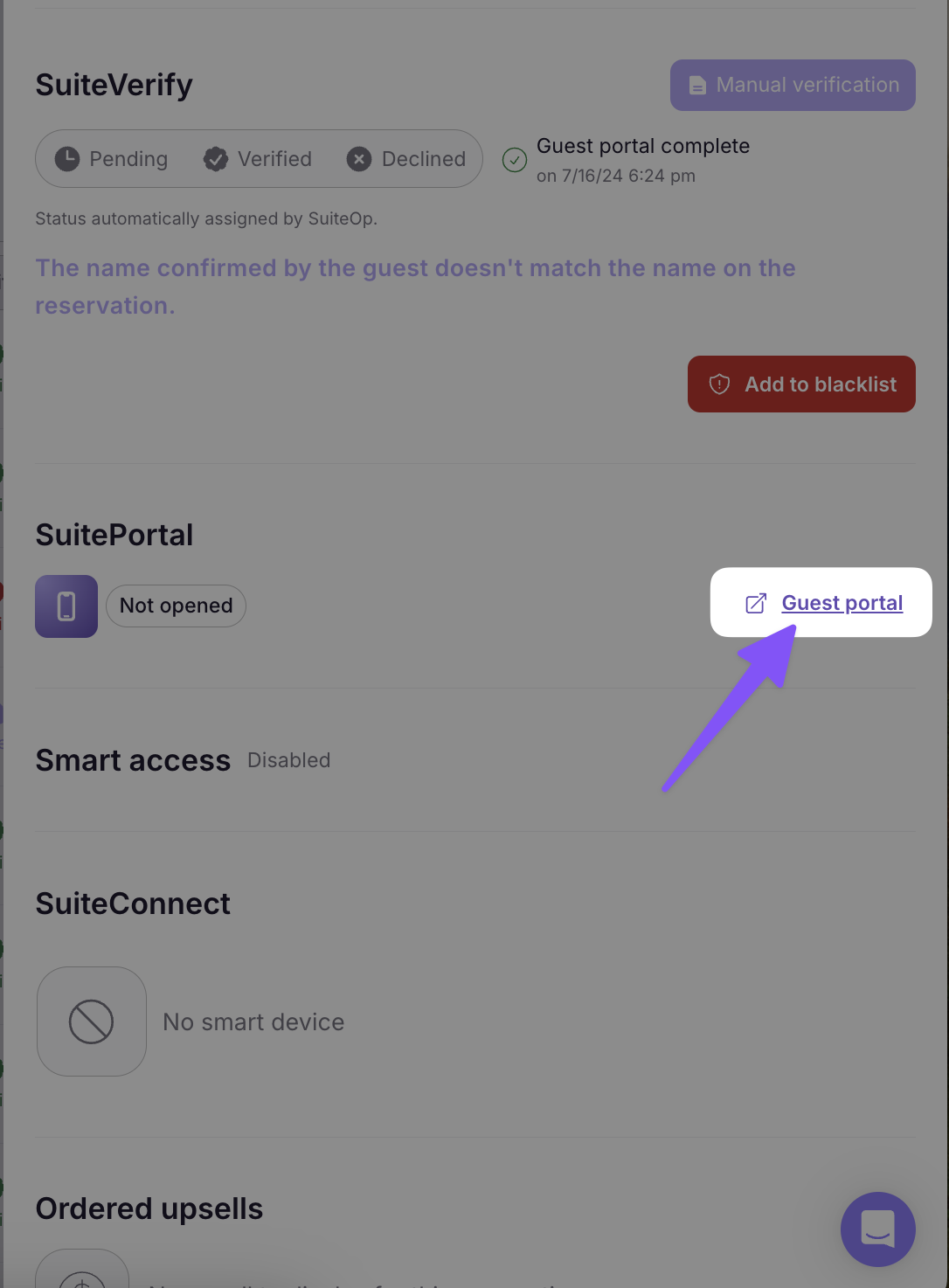 Guest portal button in the SuitePortal section of a reservation