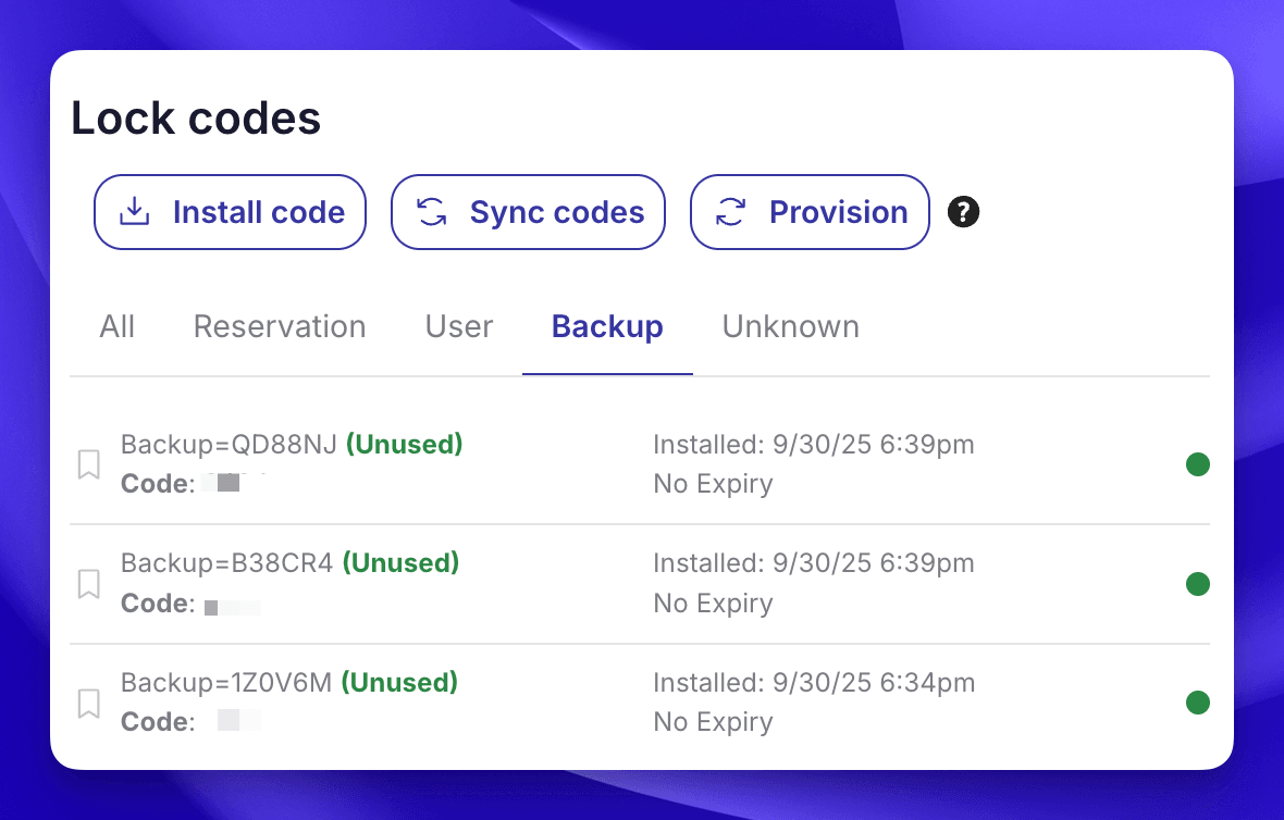 In your lock in SuiteOp you will now see 3 "Unused" backup codes at all times