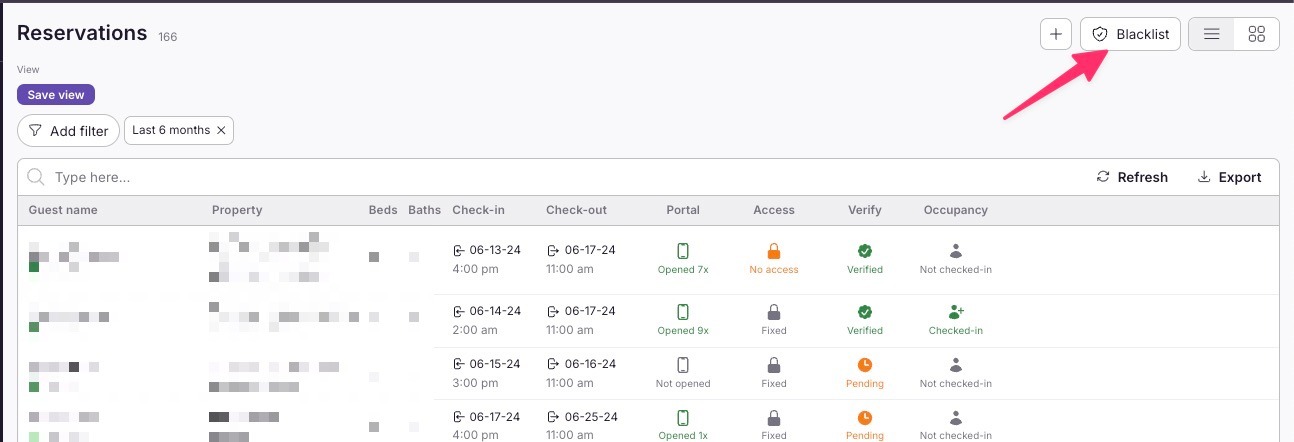 Blacklist button in the Reservations section