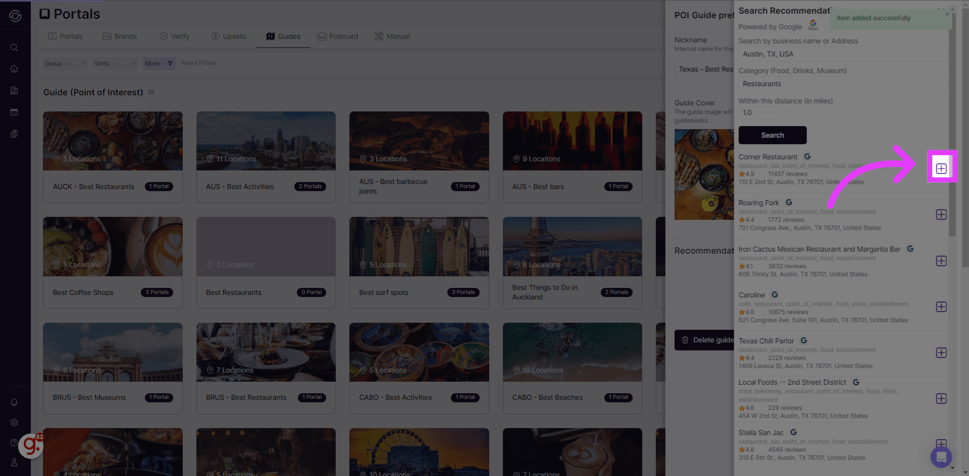 Plus button to add a place to your guide