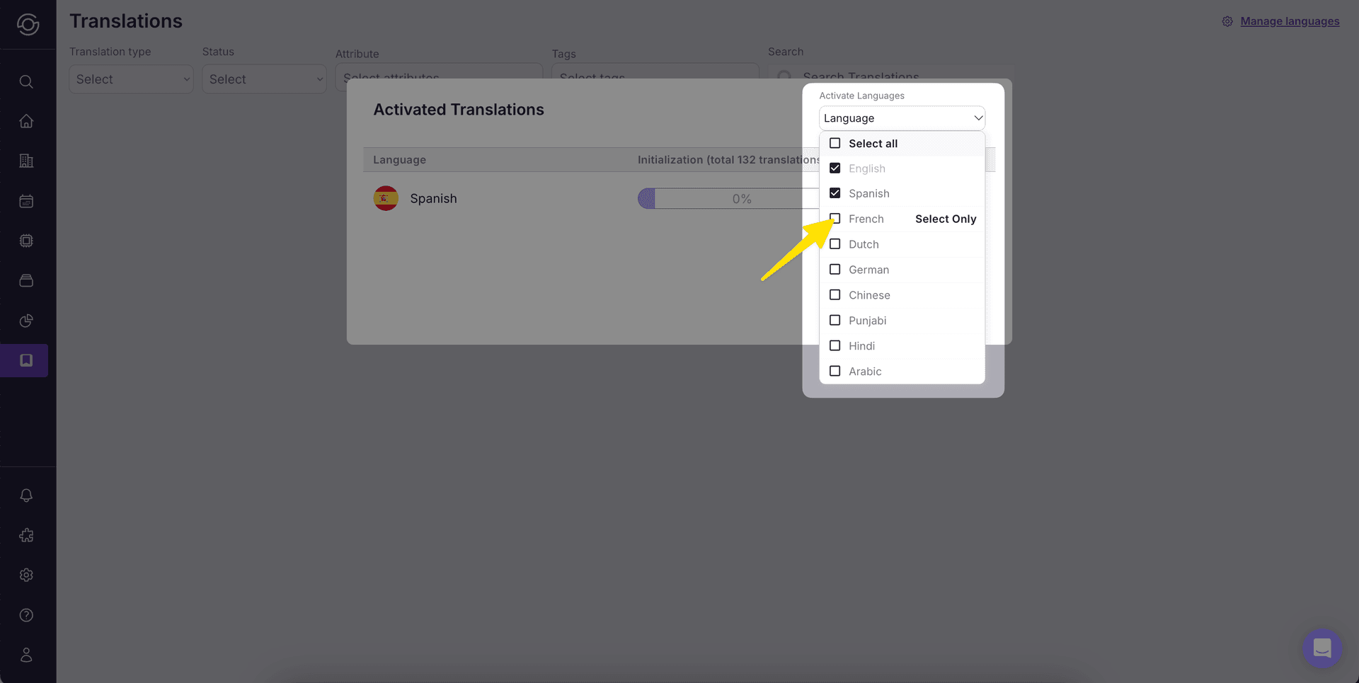 Language dropdown with checkboxes for available languages
