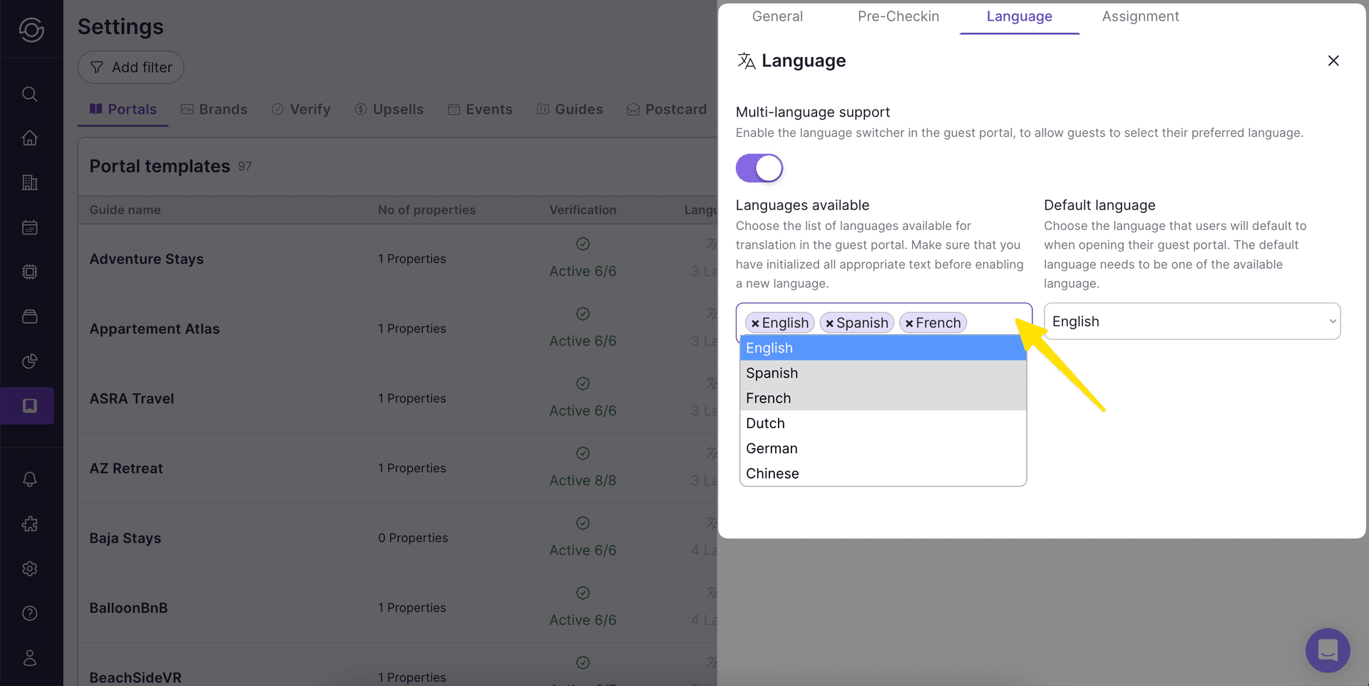 Language tab in Portal template settings with multi-language toggle